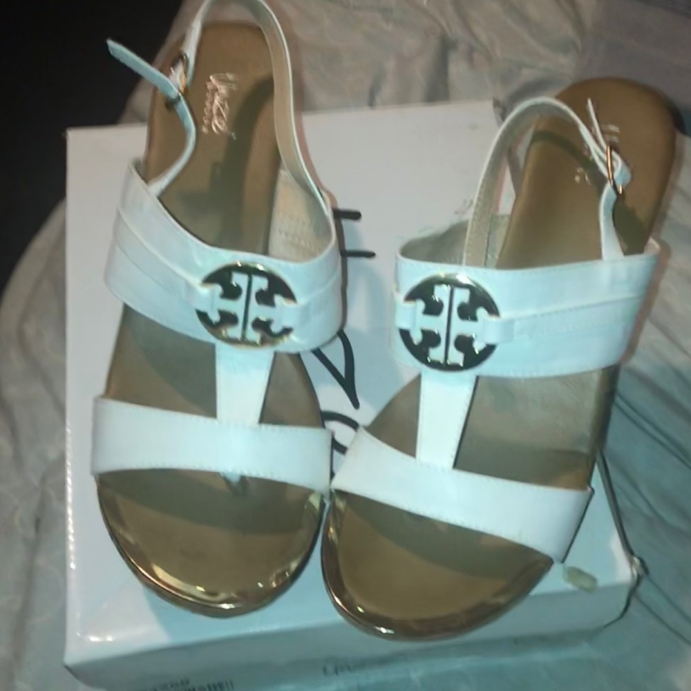 brand new gold and white cork wedges